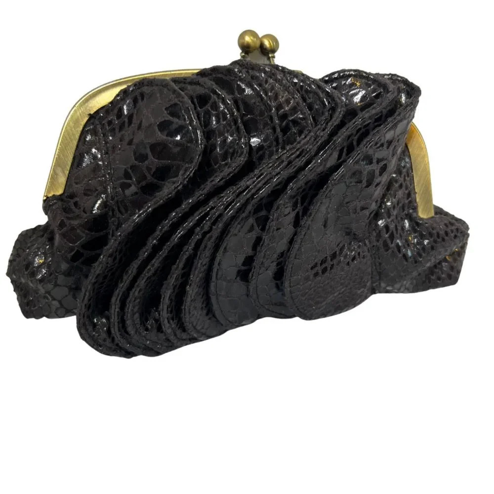 Avon Small Black Ruffle Clutch‎ with Kiss Lock
